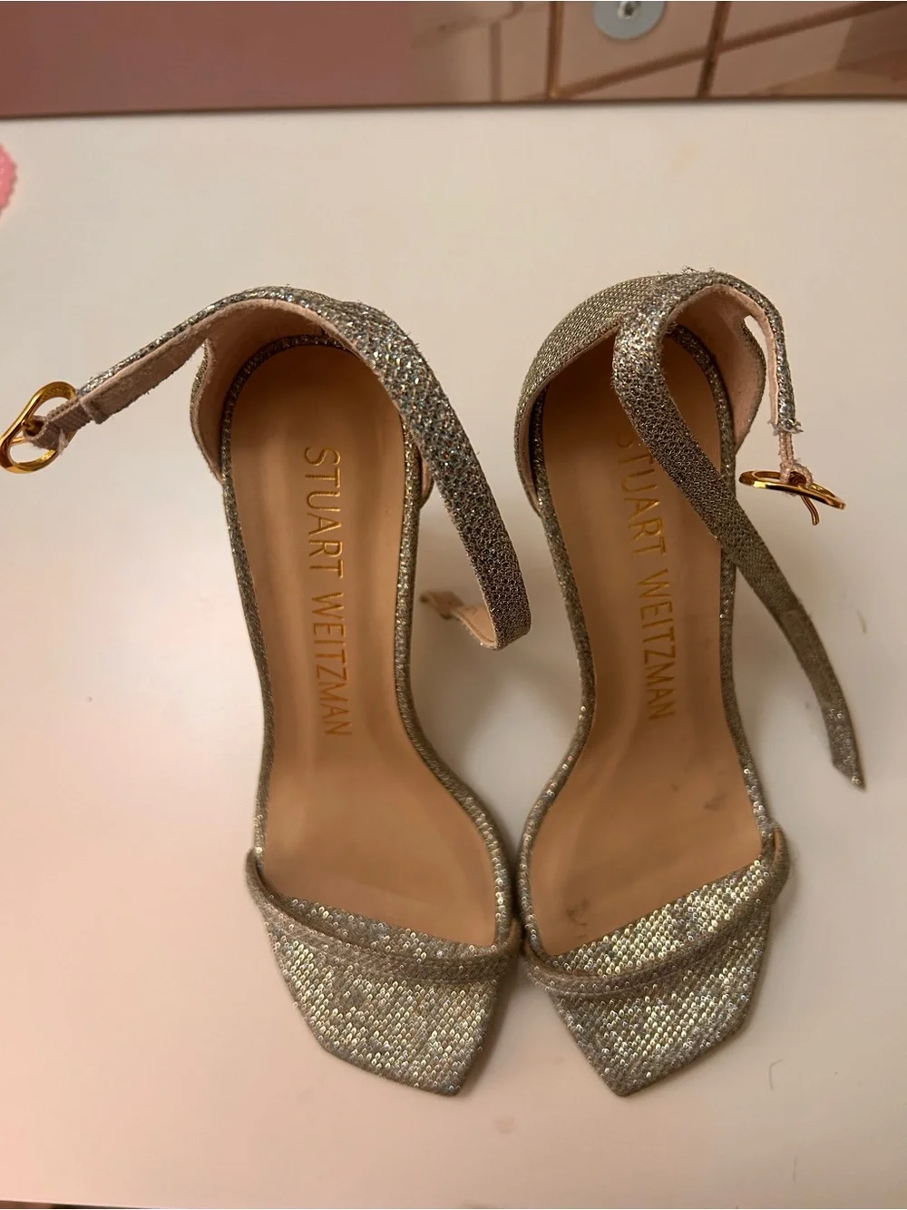 Stuart Weitzman Glitter Gold Ankle-Strap Heels